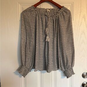 2 for $20 sale: Max Studio peasant top blouse black white geometric print